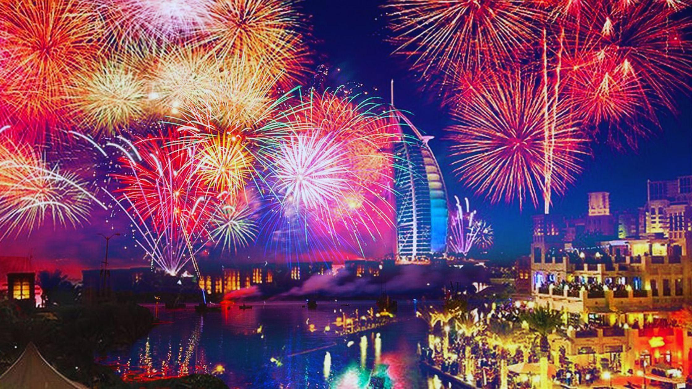 A colorful fireworks display over the Dubai skyline during the New Year celebrations