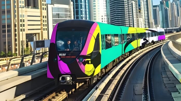 Celebratory view of the Dubai Metro at night during UAE National Day, with the train illuminated against a skyline lit up in the colors of the UAE flag.
